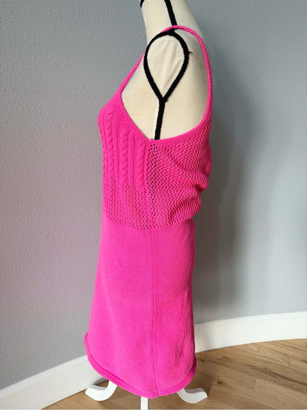ZARA Hot Pink Crochet Cable Knit Mini Dress Size Large Square Neck Barbiecore - Picture 5 of 11